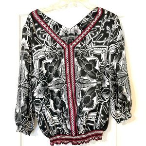 WHBM Medium Satin pullover V-neck top shirt Black Red White elastic waist